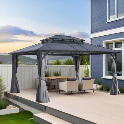 Auvent à toit double avec toit et rideaux, tente de jardin en polycarbonate à cadre en aluminium pour patio, cour, terrasse et pelouse