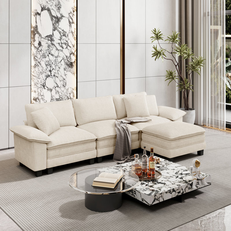 124" Modular Sectional Sofa with Ottoman, Oversized L-Shaped Deep Seat Couch with Wide Removable Armrests, Ivory Corduroy