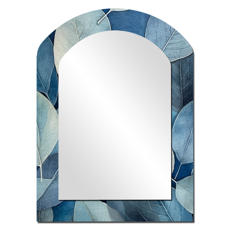 Grey Blue Leafs Harmony - Floral Arch Wall Mirror, Grey Asymmetrical Decorative Mirror, Printed Metal Art, 34" x 25"