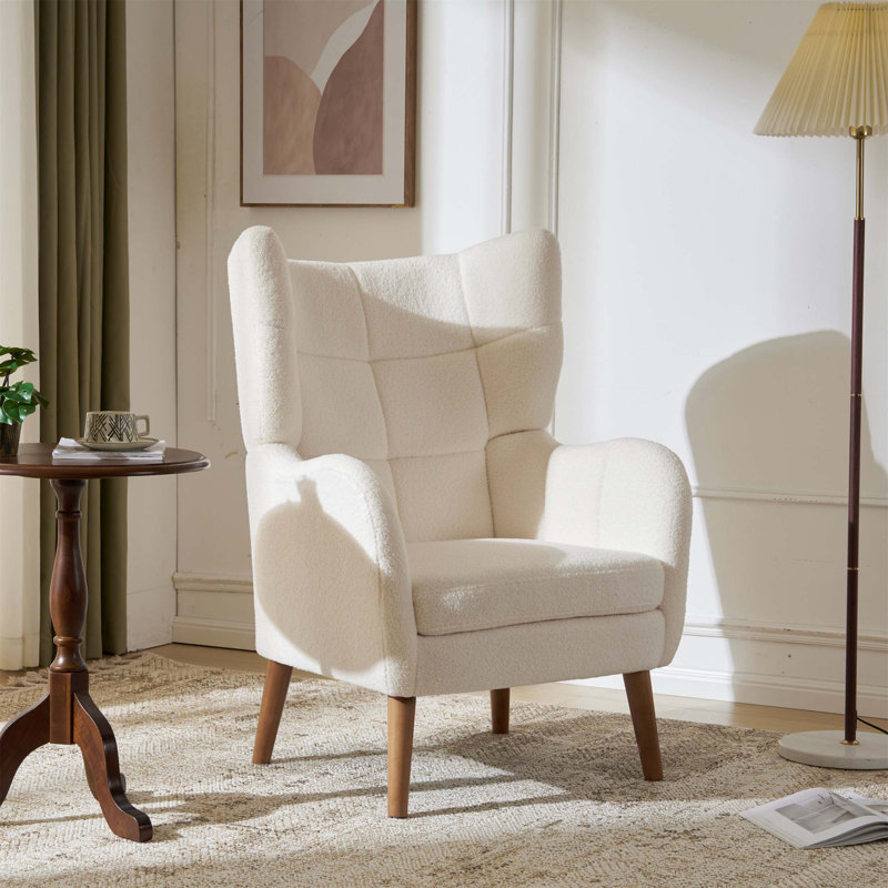 Fauteuil à dossier haut en tissu ivoire blanc avec coussins épais - Chaise longue confortable et élégante