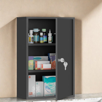 Lockable 3 Tier Steel Medicine Cabinets, Modern Wall Mount for Bathroom