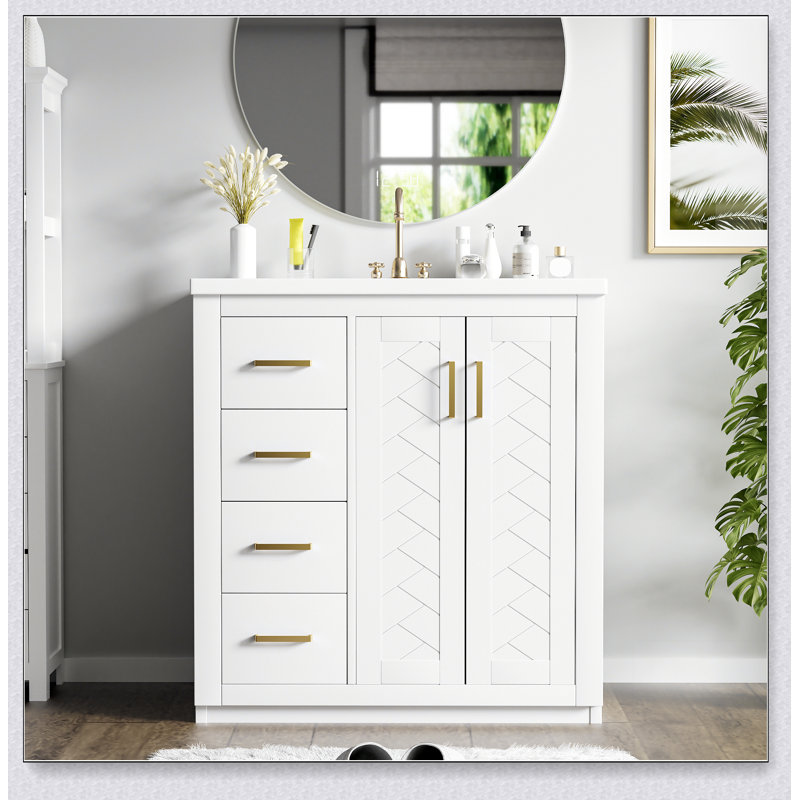Ensemble de meuble-lavabo 30 po avec lavabo en céramique, armoire de rangement en bois massif, ensemble de meuble-lavabo autoportant avec 3 tiroirs et portes à fermeture douce