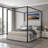 Queen Size Luxury Metal Canopy Bed with Tall Plush Corduroy Headboard & Frame Support - No Box Spring Needed, White-2003339084