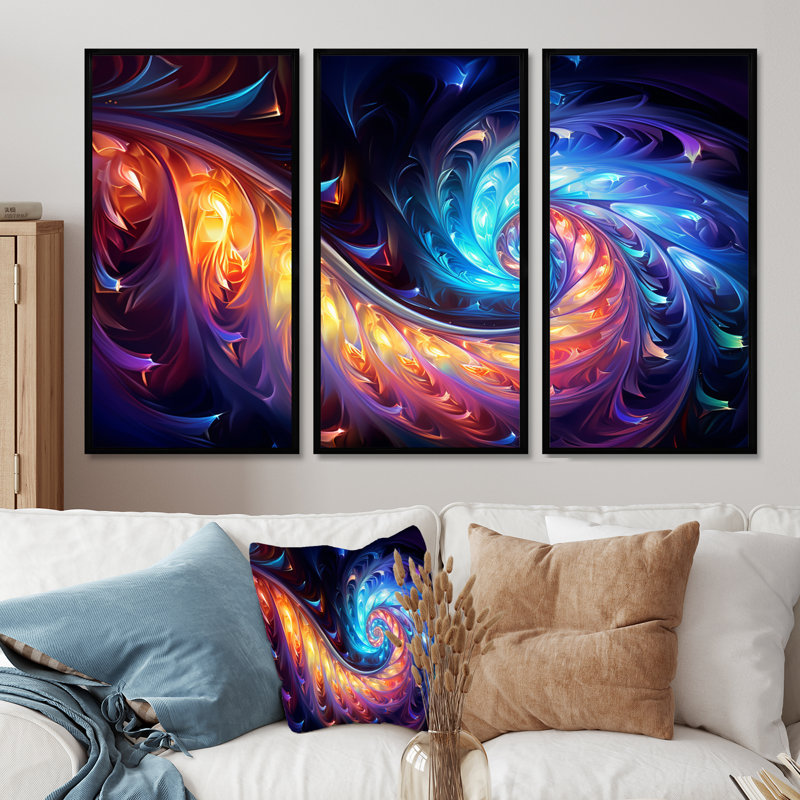 «Vibrant Fractal Glow Journey - Abstract Spirals», ensemble d'art mural, Cadre flottant noir, H 40 po x l 60 po x P 1 po