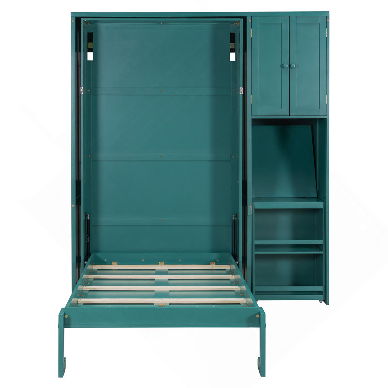 Lit escamotable mural simple avec bibliothèque, armoire supérieure, bureau extensible et rangement latéral, Sarcelle