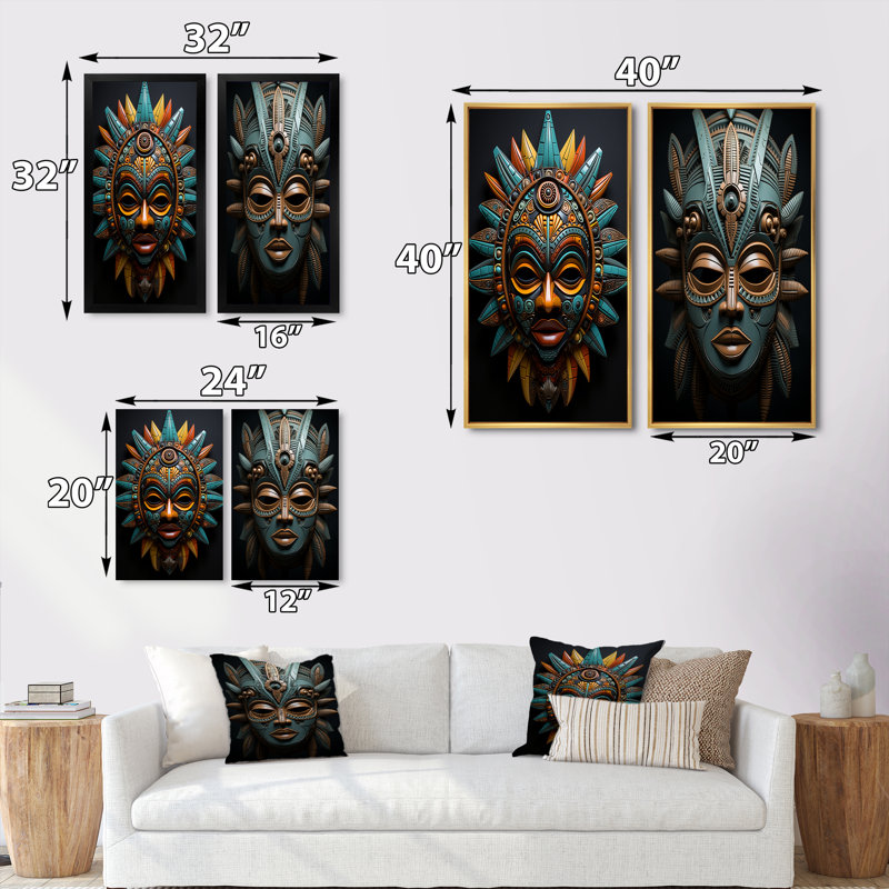 "Masque tribal africain", 2 pièces sur toile, H 32 po x l 32 po, Cadre blanc