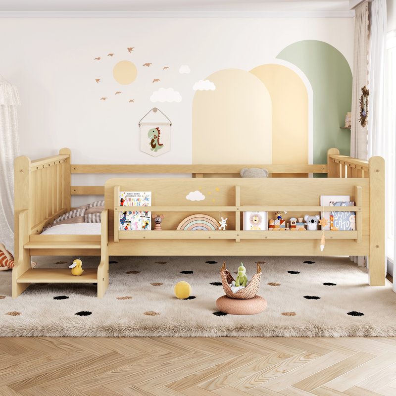 Full Size Solid Wood Kids Floor Bed with Storage Bookcases, Stairs & Guardrails, No Box Spring Needed, Montessori Platform Bed, Light Natural