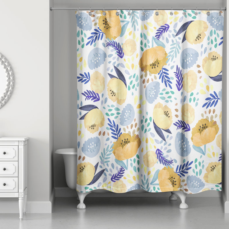 Rideau de douche simple floral Desdemona, Jaune / Bleu