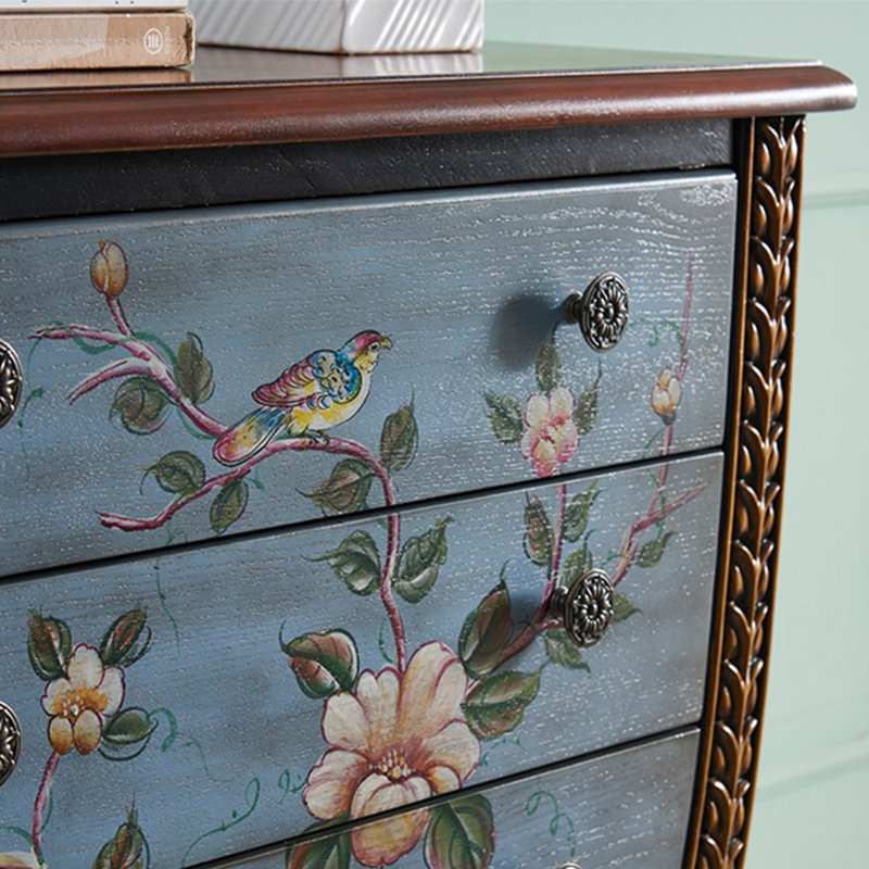 Hand-painted 4-Drawer Cabinet with Carved Design