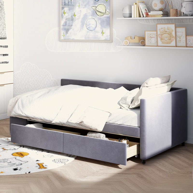 Lit plateforme simple tapissier en forme de L avec rangement et tiroirs, Gris