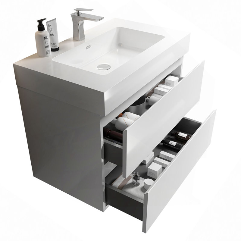 Meuble-lavabo de salle de bain avec lavabo, grand meuble-lavabo flottant mural pour salle de bain moderne, lavabo une pièce sans drain ni robinet, pré-assemblé