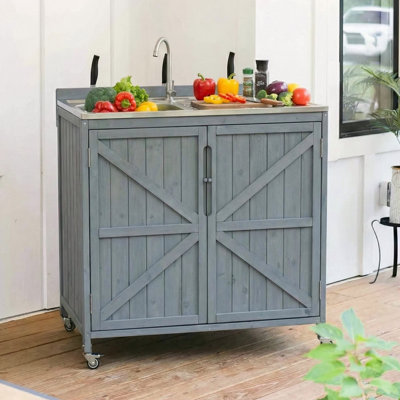 Îlot de cuisine 39,4 po avec évier, évier de cuisine d'extérieur avec évier en acier inoxydable 304, raccord de tuyau et robinet, armoire de cuisine d'extérieur avec dosseret et 4 roulettes pour la préparation de pizza