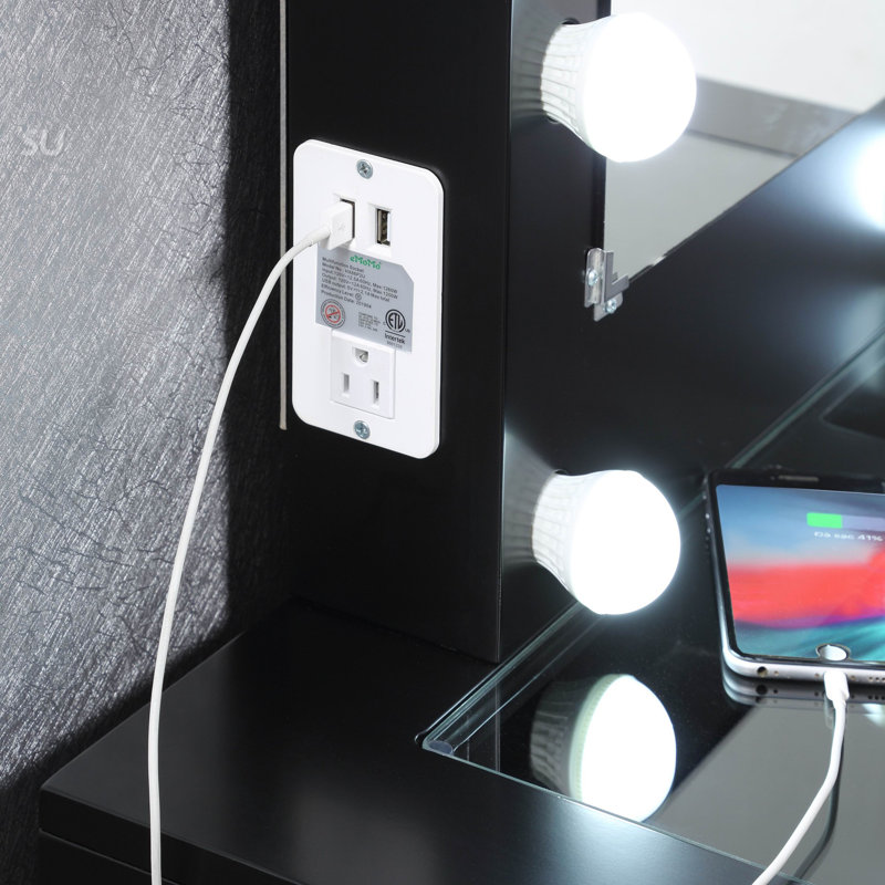 Coiffeuse de maquillage noire avec tabouret, 10 lumières, connexion, prise de courant et 2 tiroirs pour lumières de chambre à coucher et prise de tabouret, alimentation électrique