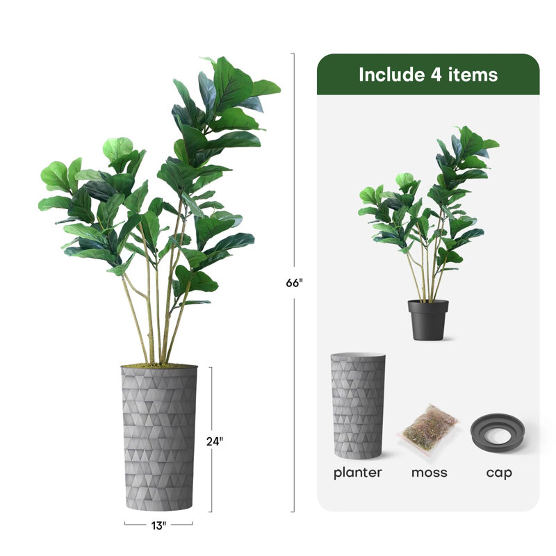 Arbre artificiel en pot moderne Ficus Lyrata, Gris à motif de triangles