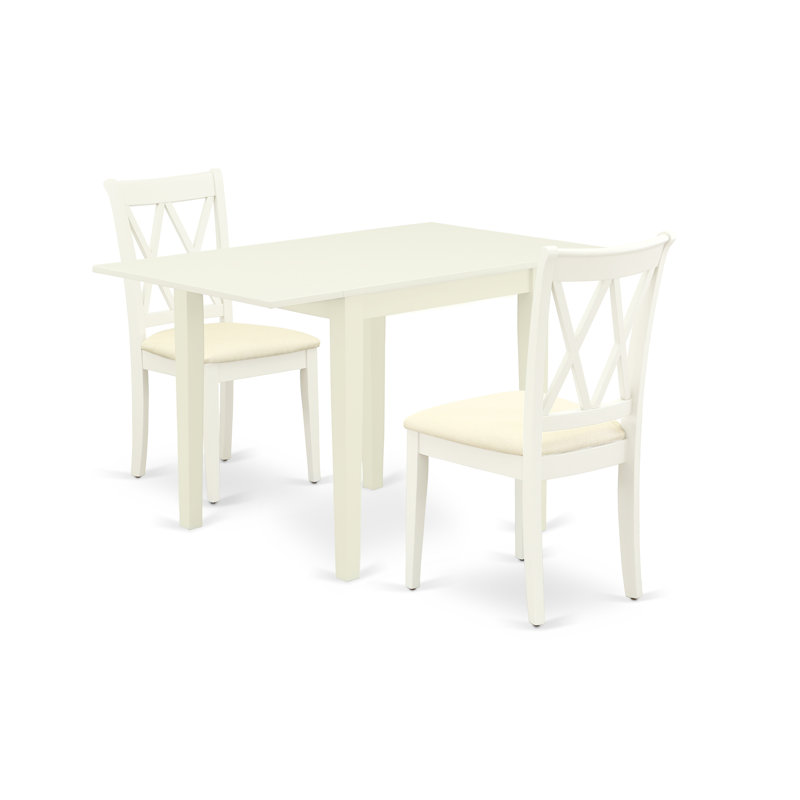 3 Piece Dining Room Table Set Contains a Rectangle Kitchen Table with Dropleaf and 2 Linen Fabric Dining Chairs, Linen White