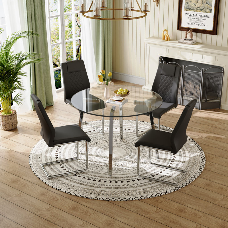 Glass Top Dining Set, 5, Silver, Black/Silver