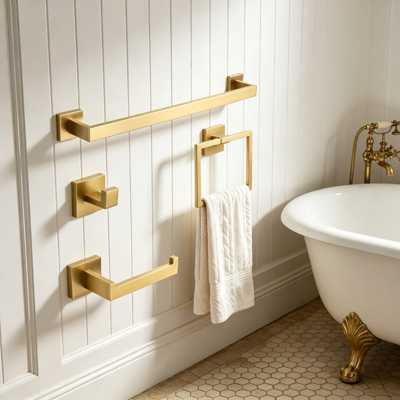 Premium Brushed Gold Bathroom Hardware Set - 4-Piece Stainless Steel Wall Mounted Towel Bar Kit with Square Design for Modern Bathrooms