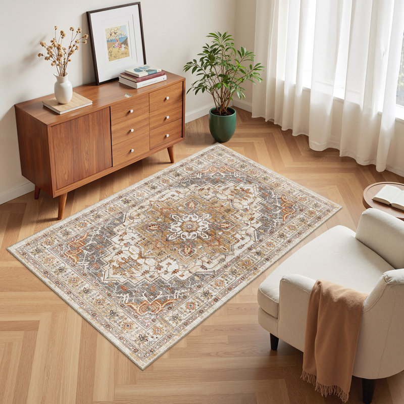 Malila Machine Washable Non-Slip Area Rug, Rectangle 3' x 5', Orange/Gray