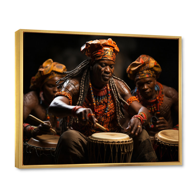 Tambour africain rythmique II - art mural africain, H 34 po x l 44 po x P 1,5 po, Cadre flottant doré