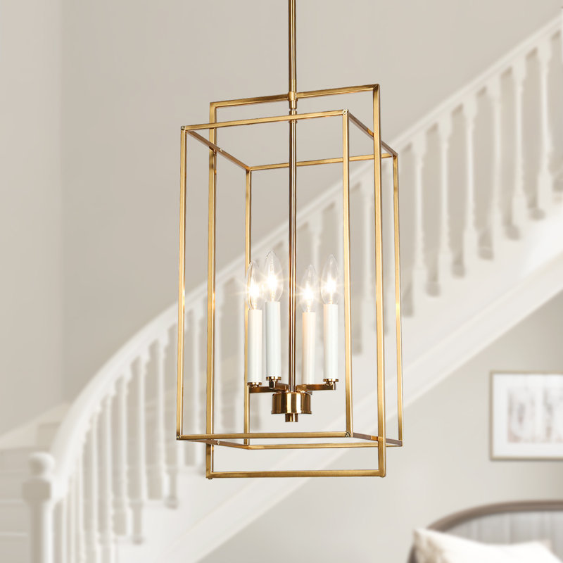 Conlyn 4-Light Dimmable Geometric Chandelier with Open Cage and Square Lantern for Foyer, 24.4" H x 11.2" W x 10.6" D, Brass