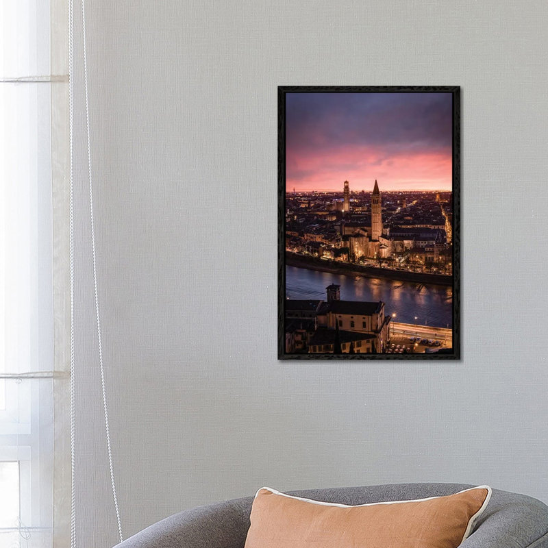 Sunset In Verona by Enzo Romano - Print on Canvas, 66.04cm H x 45.72cm W x 3.81cm D, Black Framed