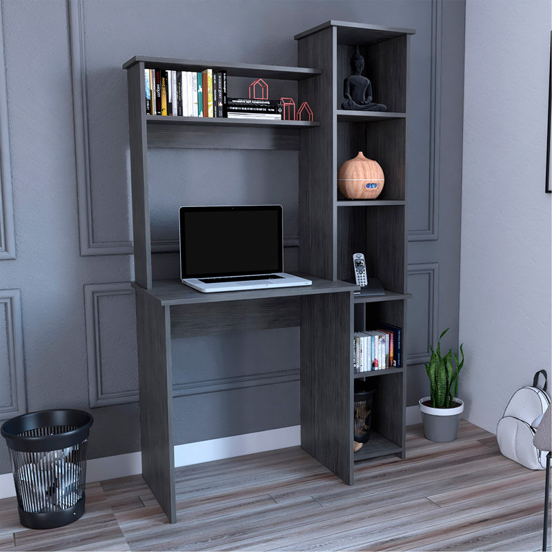 Bureau d'écriture, deux tablettes supérieures, cinq casiers, Gris