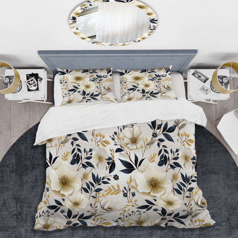 White Poppies Floral Tranquility - Ensemble de housse de couette floral - Polyester en microfibre
