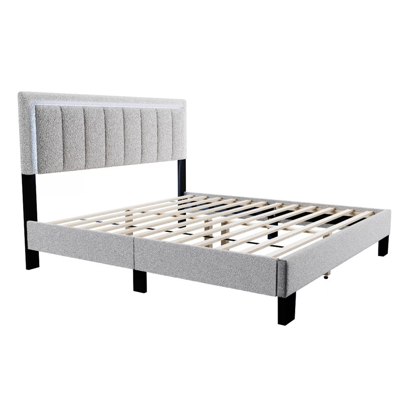 Lit double Jiana, revêtement en laine gris clair, tête de lit à DEL, Noir / gris clair