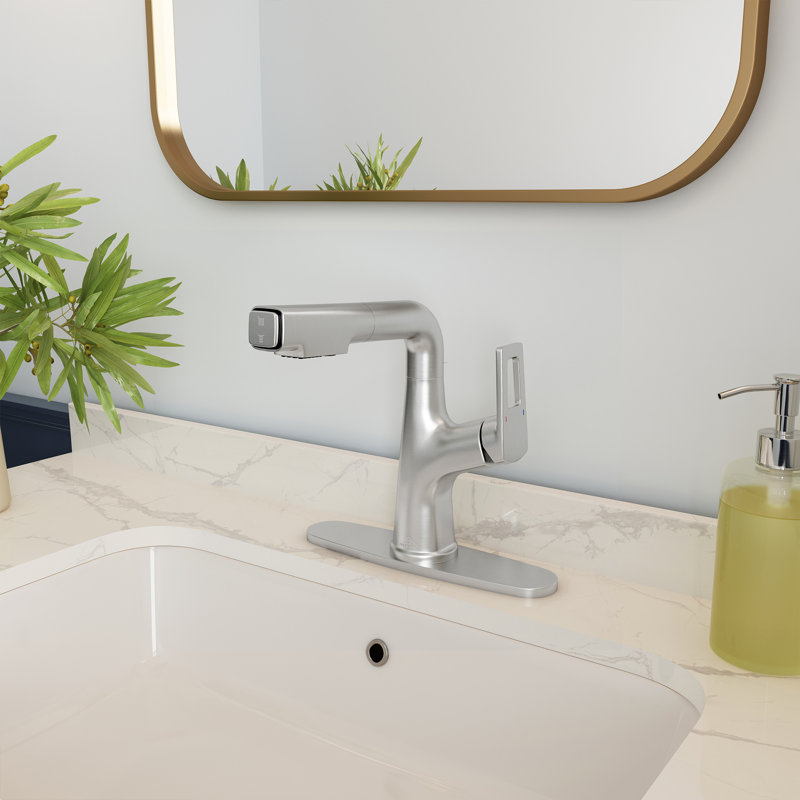CASAINC Single-Handle Pull-Out Bathroom Faucet Single Hole Faucet with Deck Plate, Brushed Nickel