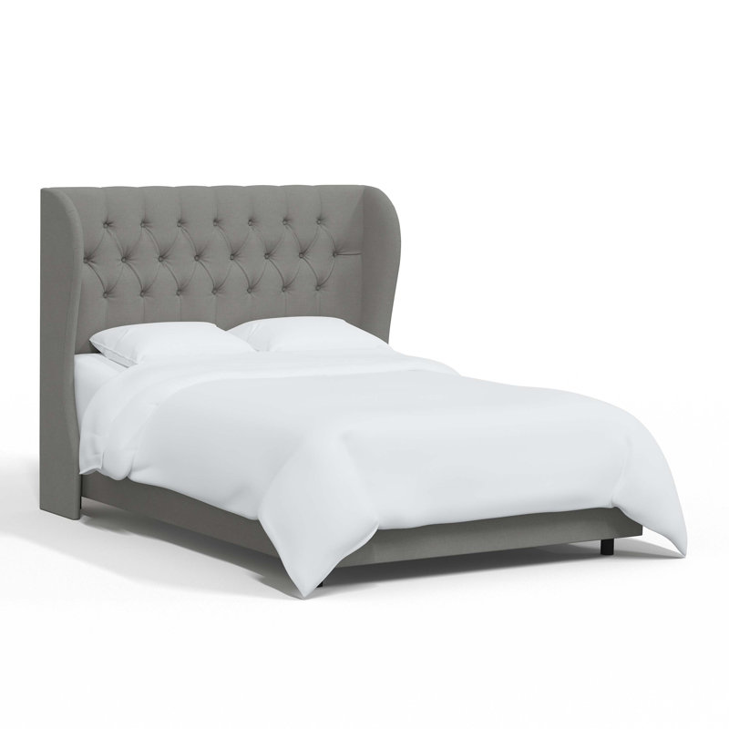 Lit tapissier capitonné standard à profil bas Tomey, Reine, Lin classique gris