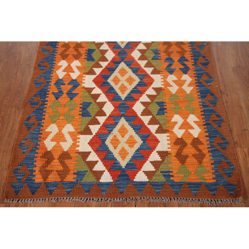 Tapis de vestibule oriental multicolore en laine Kilim 3 x 4