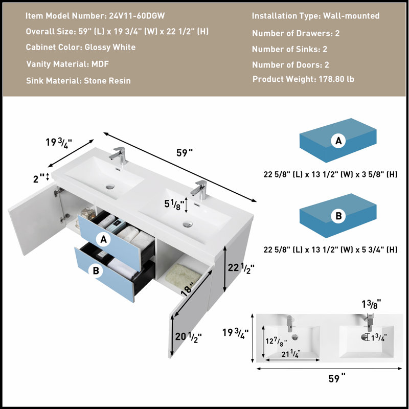 Meuble-lavabo flottant de 60 po avec lavabo double en résine et tiroirs à fermeture en douceur, solution de rangement murale moderne