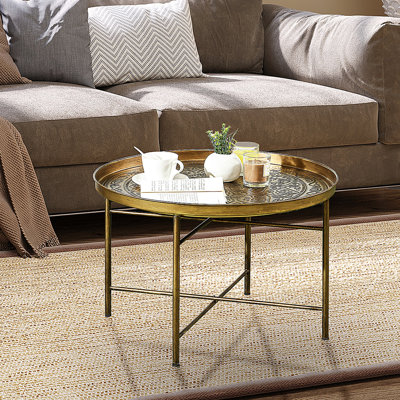 Hammered Tray Top Coffee Table, 24" Round Vintage Metal Gold For Living Room, Bedroom, Side - Decorative Element Table With Tray, Gold, & Stylish Choice
