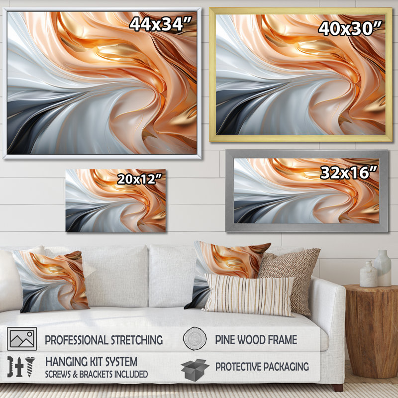 Art liquide en mouvement en rose doré et bleu - formes murales abstraites, H 30 po x l 40 po, Cadre flottant noir