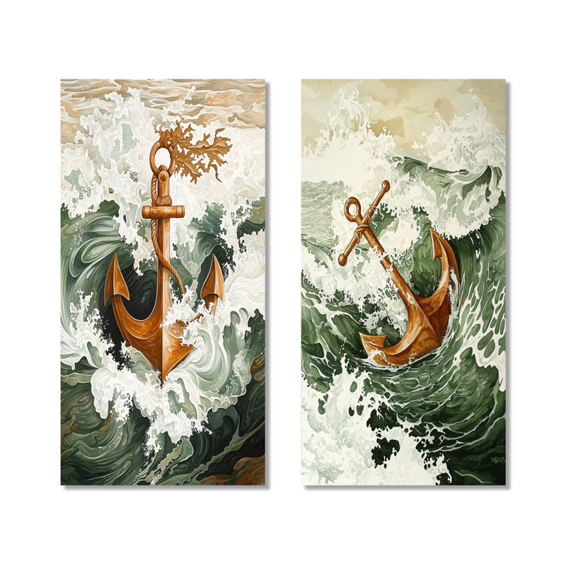 «Anchor in the Waves» - ensemble de 2 reproductions d'art en métal nautiques dorées, H 32 po x l 32 po