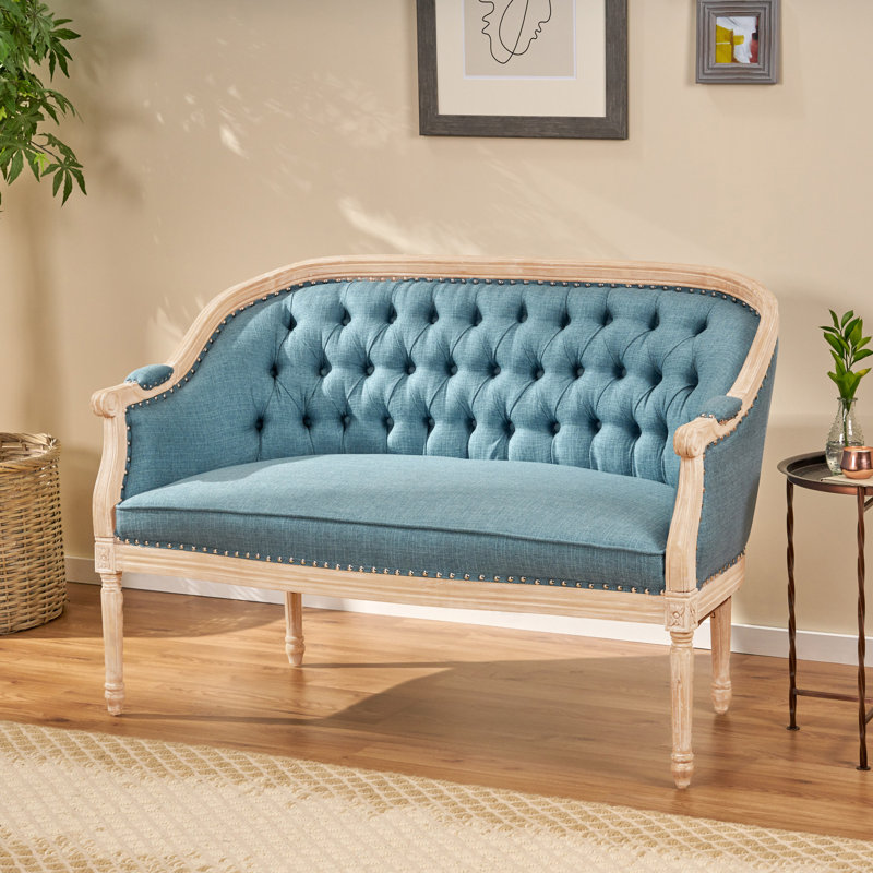 Atenea 49.5'' Upholstered & Birch Wood Loveseat, Blue, Antique Natural