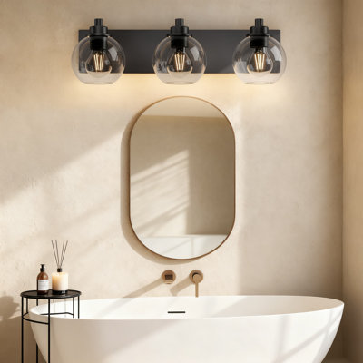 Luminaire de salle de bain 3 lumières avec miroir mural noir mat et abat-jour en verre transparent pour meuble-lavabo