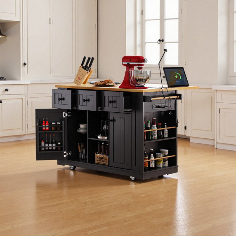 Îlot de cuisine 53 po - prise de courant + supports de rangement internes, Noir