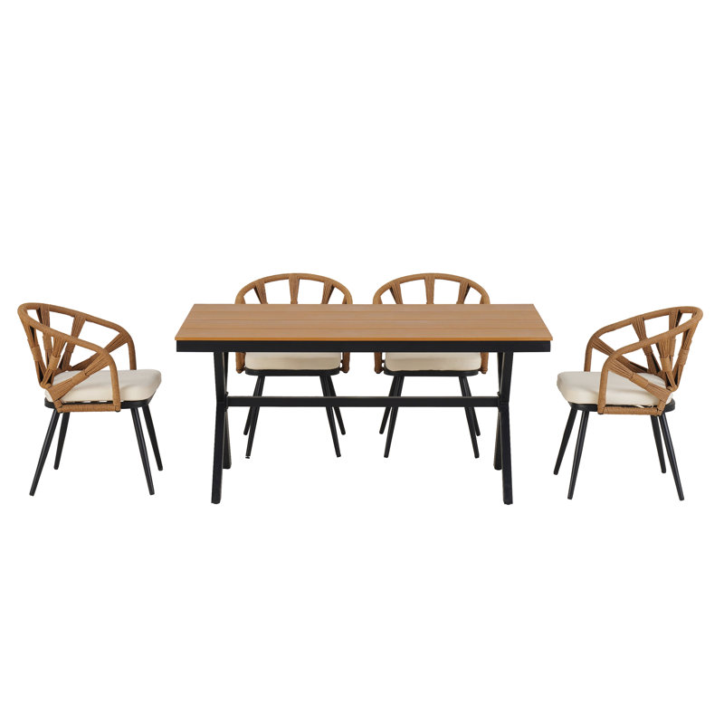 Contemporary Outdoor Set With PE Rattan Chairs And Plastic Wood Table,Suitable For Gardens And Lawns, Natural