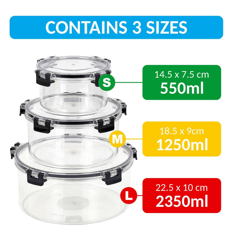 3-Piece Round Food Storage Container Set With Airtight Leakproof Lids – Plastic – Reusable & Stackable – Microwave & Freezer Safe – 550Ml, 1250Ml, 2350Ml Meal Prep & Lunch Box Containers