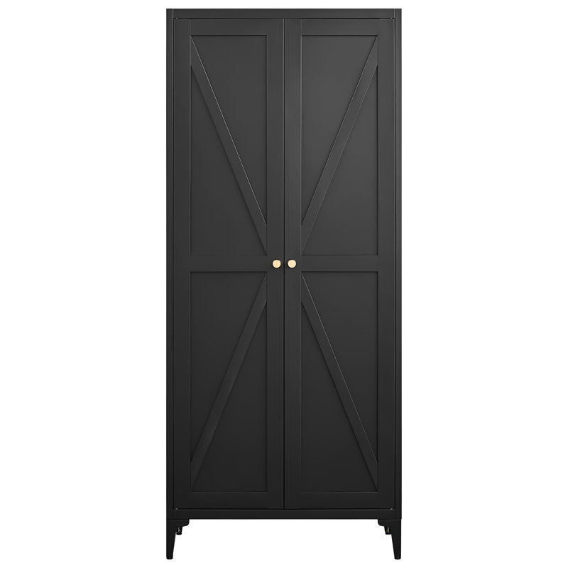 Armoire de rangement en métal pour usages multiples - unité noire avec porte rayée, poignées dorées et tablettes réglables