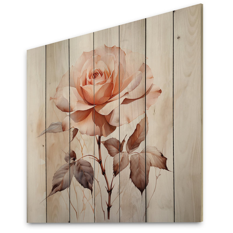 Fleur de pêche minimaliste beige pêche sur bois, H 15 po x l 15 po x P 0,78 po