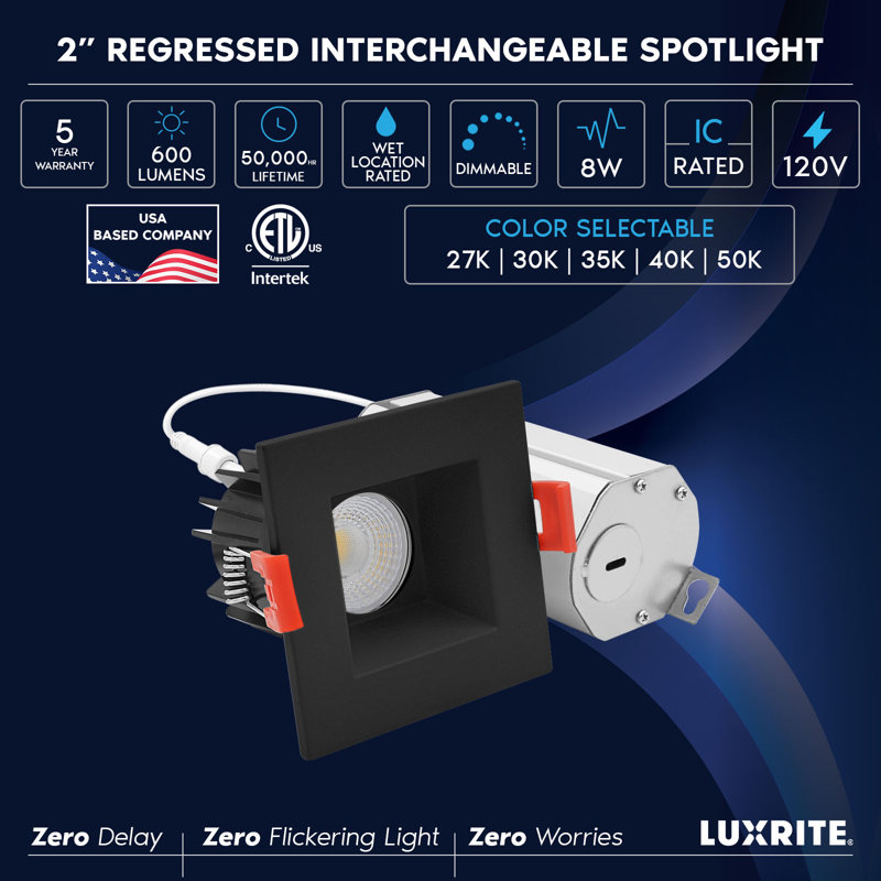 Projecteur carré DEL LUXRITE 2 pouces avec garniture interchangeable, boîte en J, 8W, 600LM, 5CCT, faisceau 60 °, à intensité variable, Twist N 'Lock, noir humide
