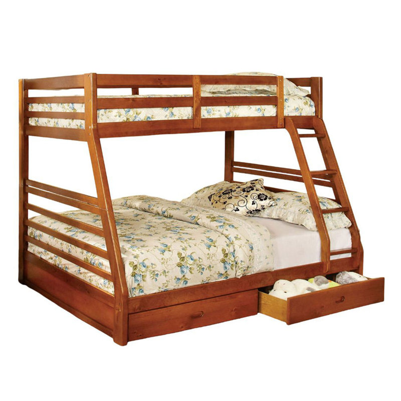 Lit superposé simple au-dessus d'un lit double au fini chêne avec deux grands tiroirs pour rangement sous le lit et échelle attachée