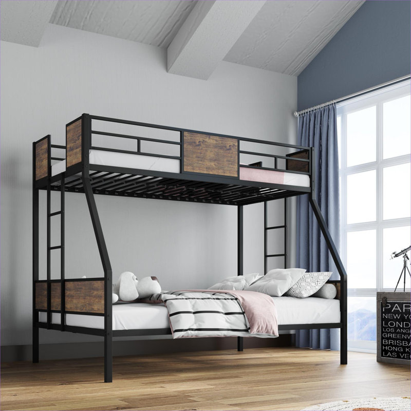 Platform Bunk Bed Twin Over Full, Compact Multi-Sleeper with Brown Finish, Metal and Wood Construction