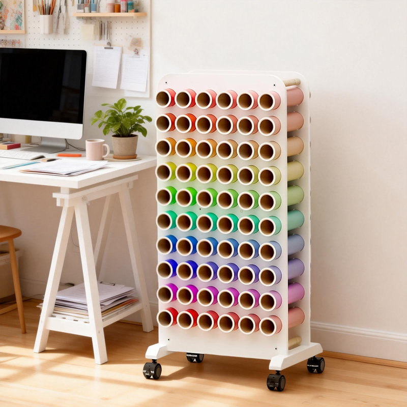 60 Vinyl Roll Holders Craft Storage Cart – Mobile Organizer Trolley with Removable MDF Shelves, Global Wheels, For Office, Craft Room, or Home – Compact, Sturdy, Space-Saving, Cart Color