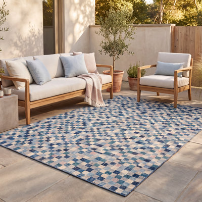 Tapis Aspen moderne à poils courts, motif mosaïque mouchetée abstraite, bleu marine, turquoise, gris, crème et rose, antidérapant, idéal pour l'intérieur et l'extérieur, adapté aux animaux domestiques, pour salon, chambre, salle à manger, entrée, couloir, bureau. Lavable.