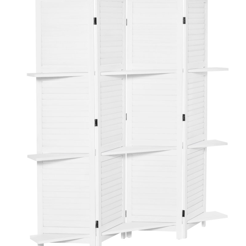 Paravent à 4 panneaux de 67 po de hauteur, 3 tablettes, pliable pour la chambre à coucher, grand écran blanc avec bureau