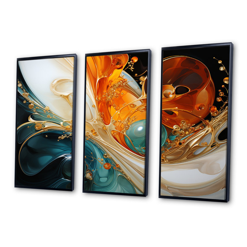 Orange et émeraude marbre lave I - art mural abstrait, Cadre flottant noir, H 32 po x l 48 po x P 1 po