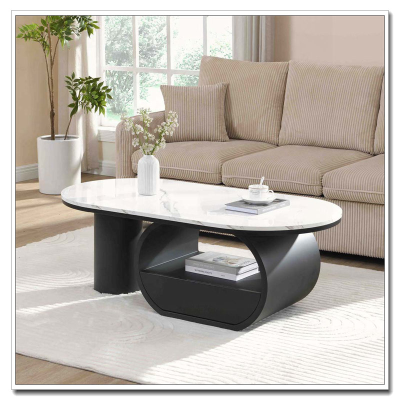 47.24'' Oval Coffee Table, White/Black, Marble